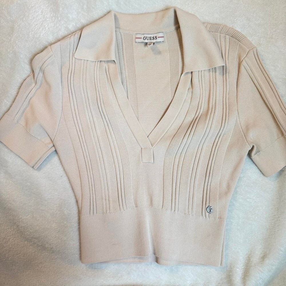 Guess Cropped Short Sleeve V Neck Preppy Polo Women's XS